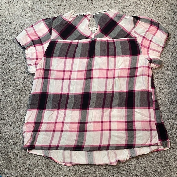 TORRID Pink Plaid Blouse Top Women’s Sz 2, 2X Floral Crochet Lace balloon sleeve - Picture 5 of 6